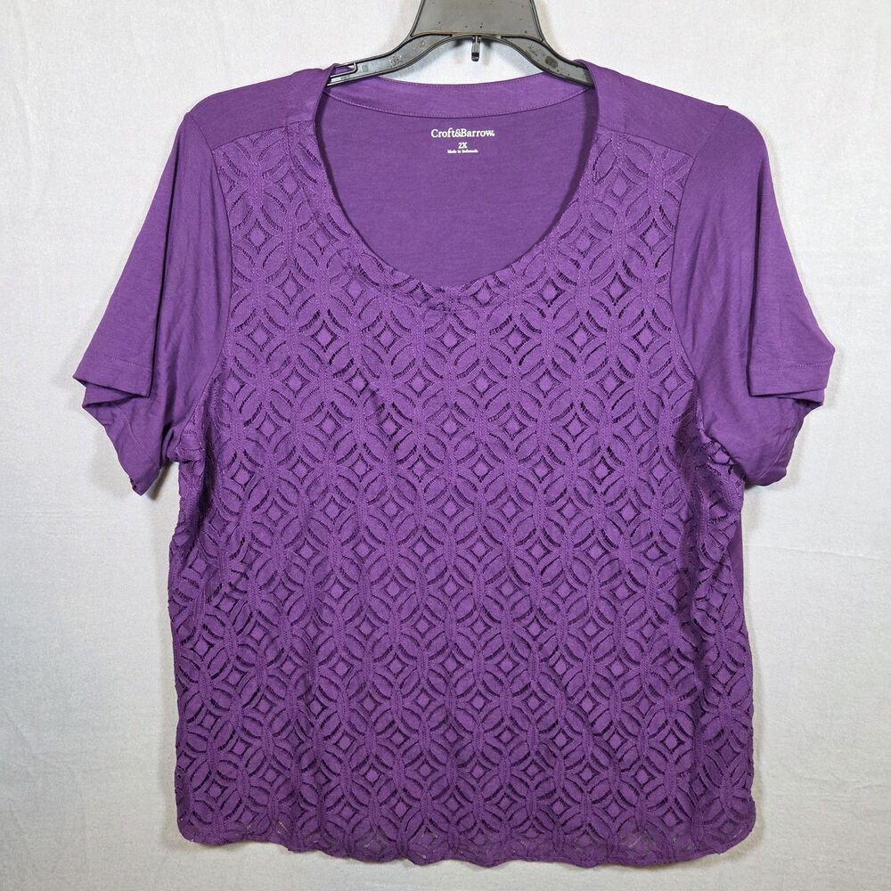 Croft & Barrow Women's 2X Plus Purple Laser Cut Short Sleeve T-Shirt Top